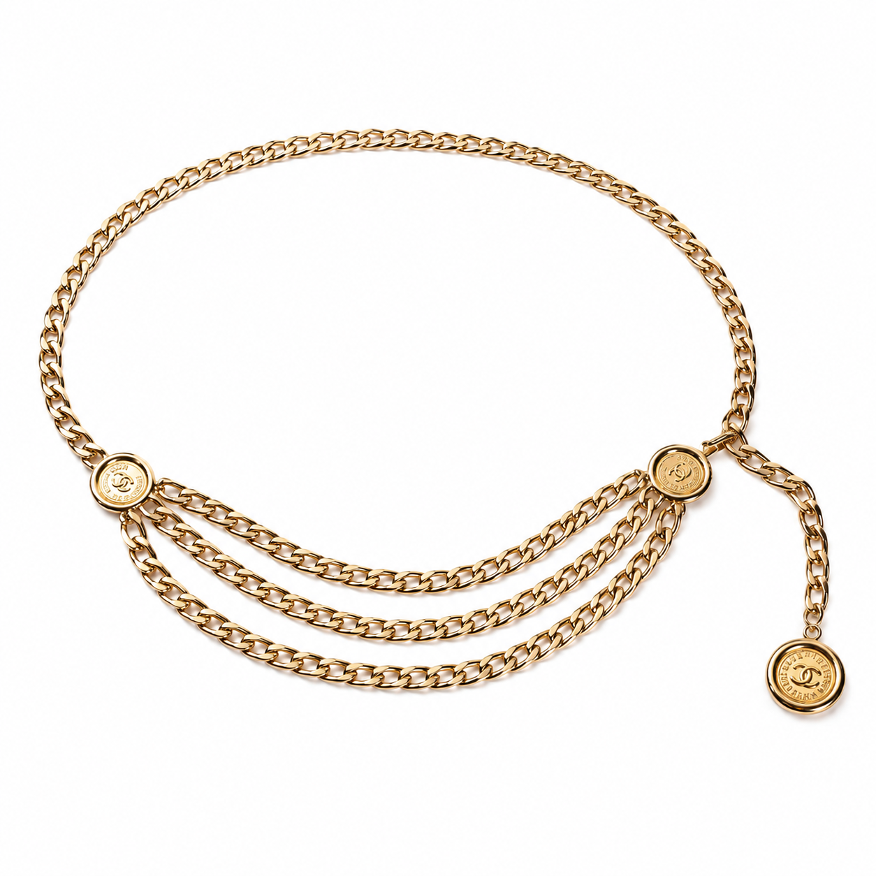 CHANEL - *RARE* BELT TRIPLE CHAIN MEDAILLION GOLD TONE