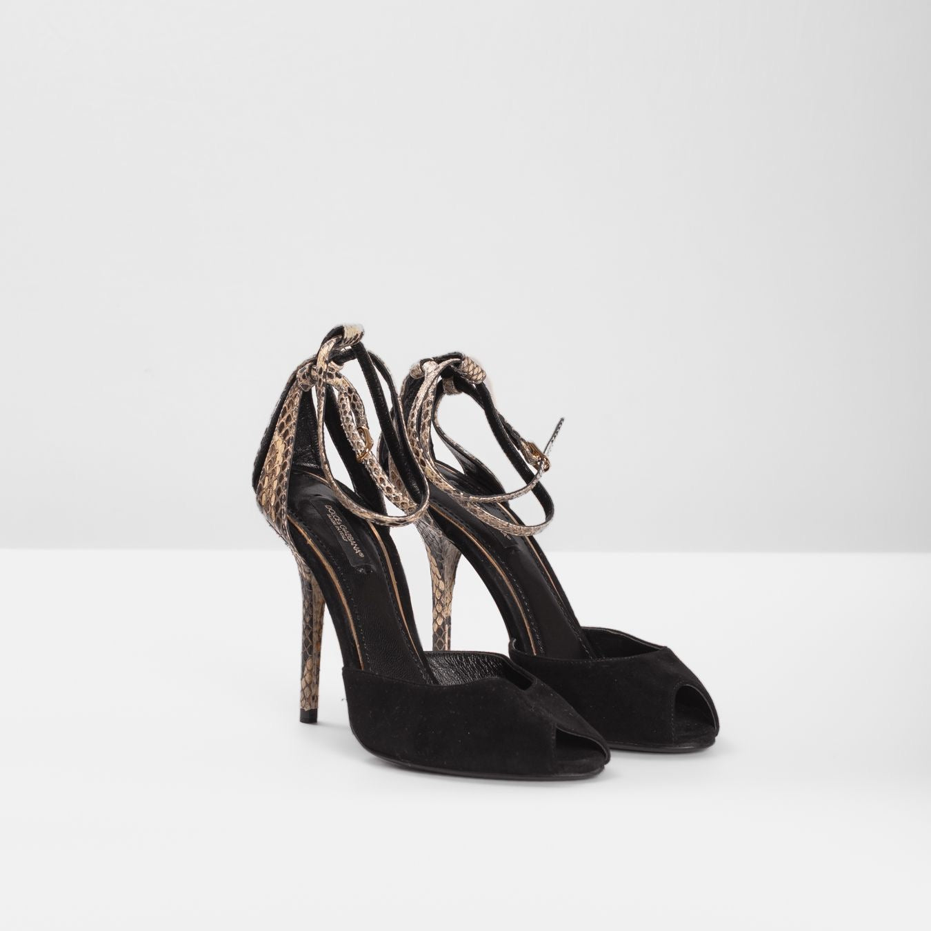 DOLCE & GABBANA - *BRAND NEW* SANDALS HIGH OPEN TOE BLACK SUEDE AND BROWN SNAKESKIN SIZE 37,5 EU