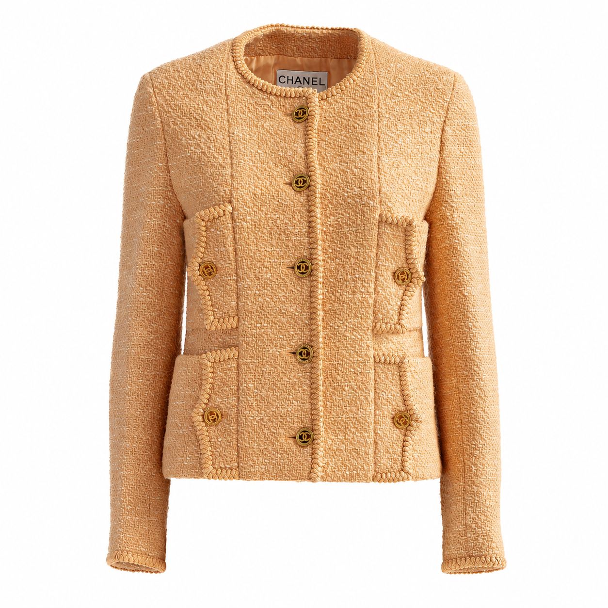 CHANEL - JACKET TWEED PEACH SINGLE-BREASTED WITH GOLD CC BUTTONS