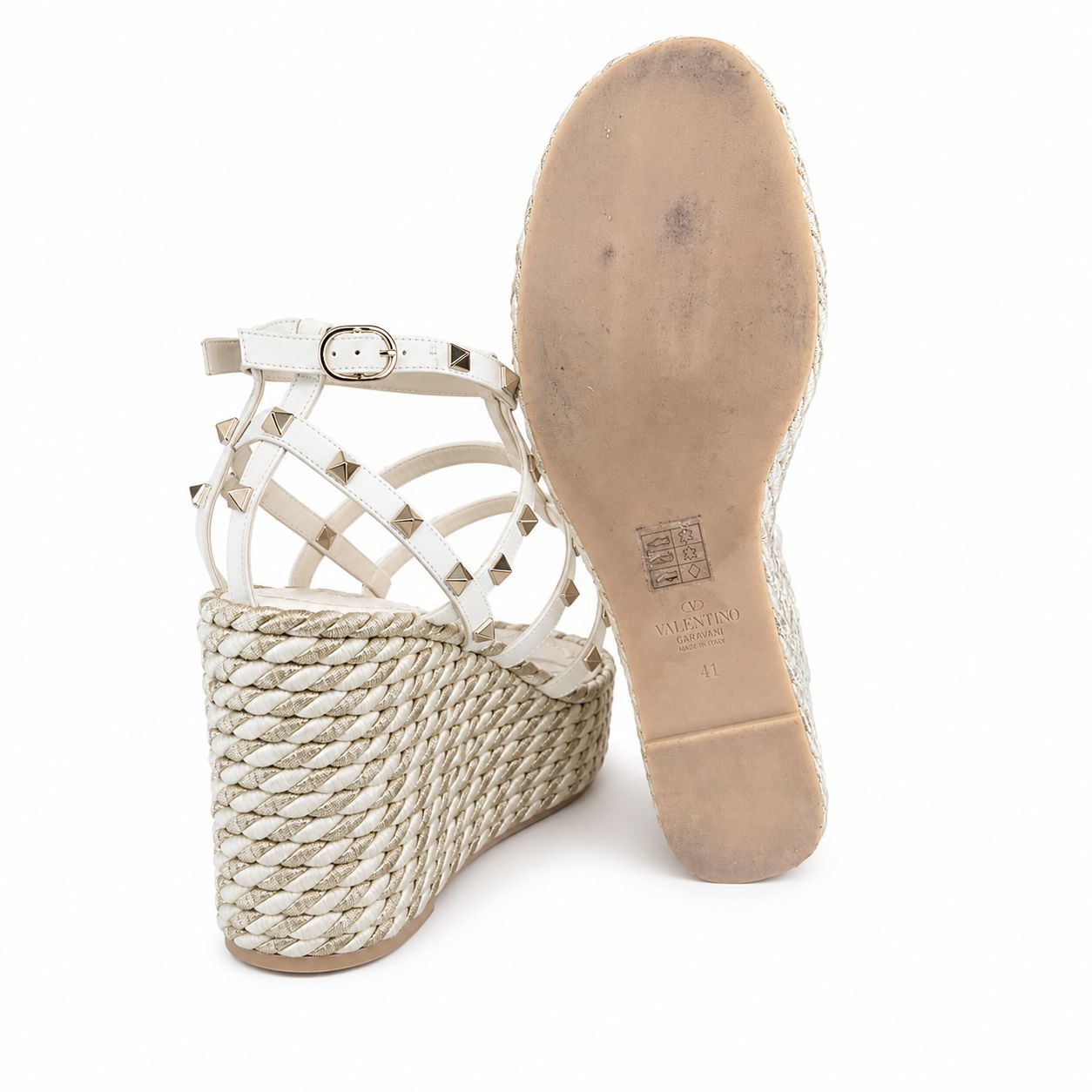 VALENTINO - WEDGE SANDALS ROCKSTUD WHITE AND SILVER SIZE 41