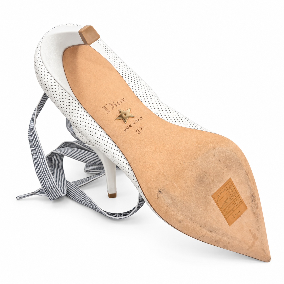 DIOR – *NEW* PUMPS WHITE PERFORATED LEATHER WITH BLACK AND WHITE RIBBON TIES SIZE 37 EU
