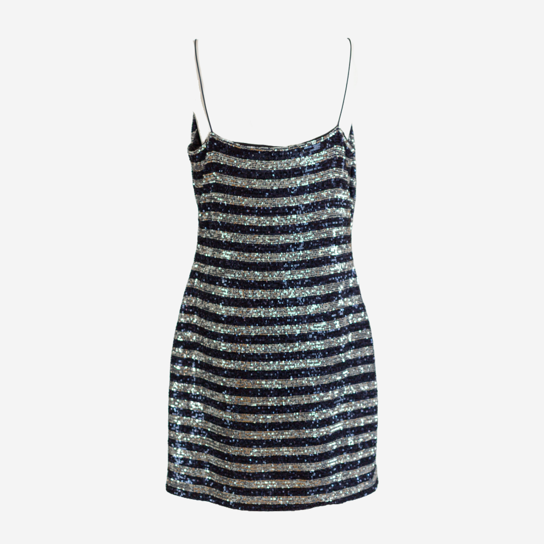 BALMAIN - DRESS MINI SEQUIN STRIPED SILVER & NAVY SIZE 44 FR