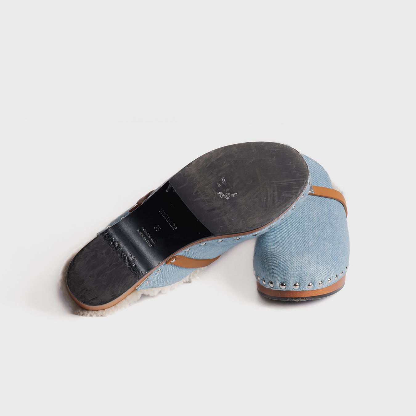 HERMÈS - SABOT SANDALS KELLY BUCKLE DENIM GOLD LEATHER SILVER HARDWARE SIZE 39 EU