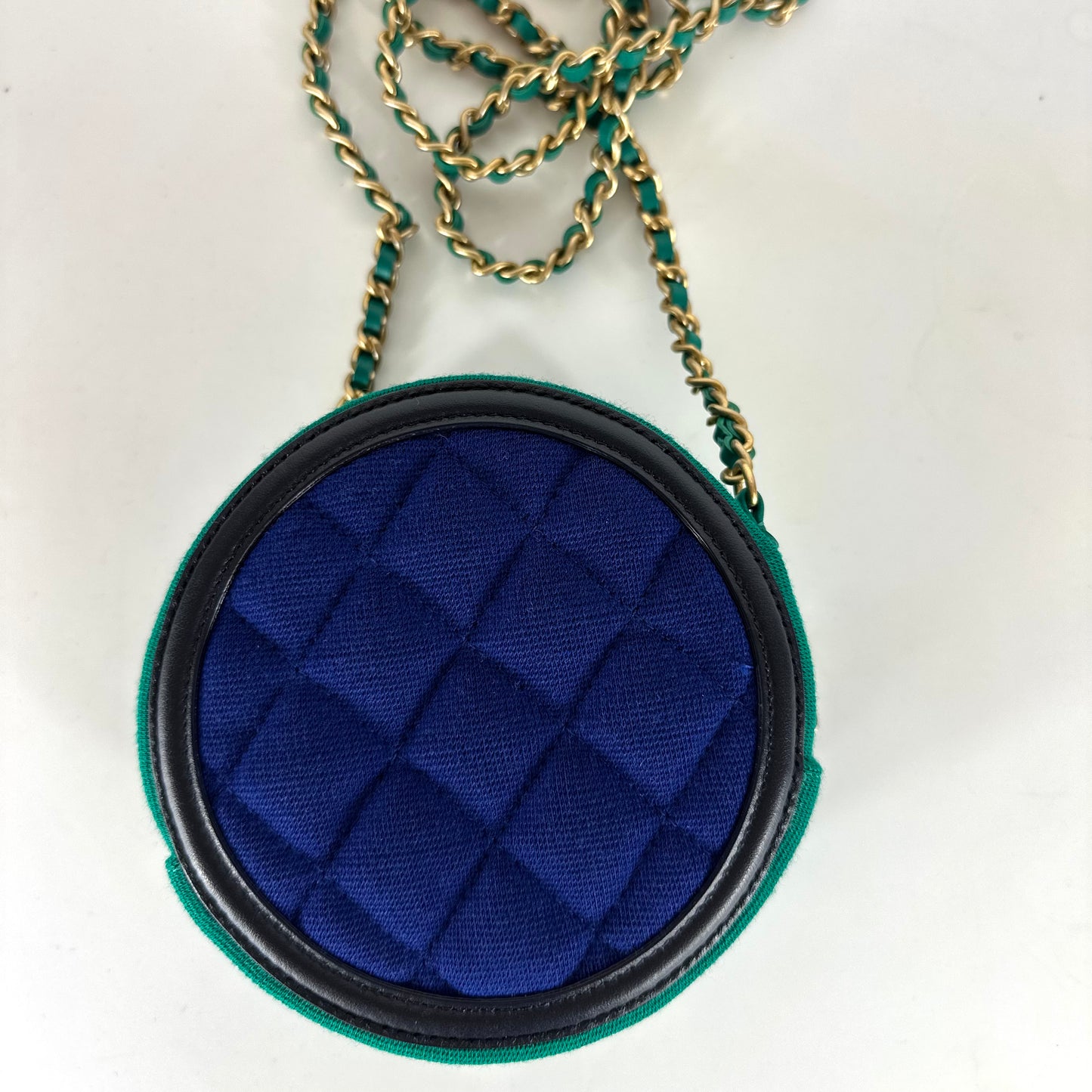 CHANEL- Round Clutch with Chain Quilted Jersey with Lambskin Logo Blue & Green