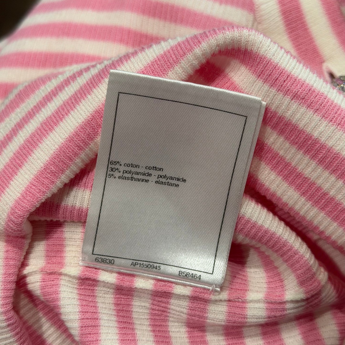 CHANEL - *COLLECTION 2024* T-SHIRT STRETCH PINK & WHITE STRIPED RIBBED SIZE 38 FR