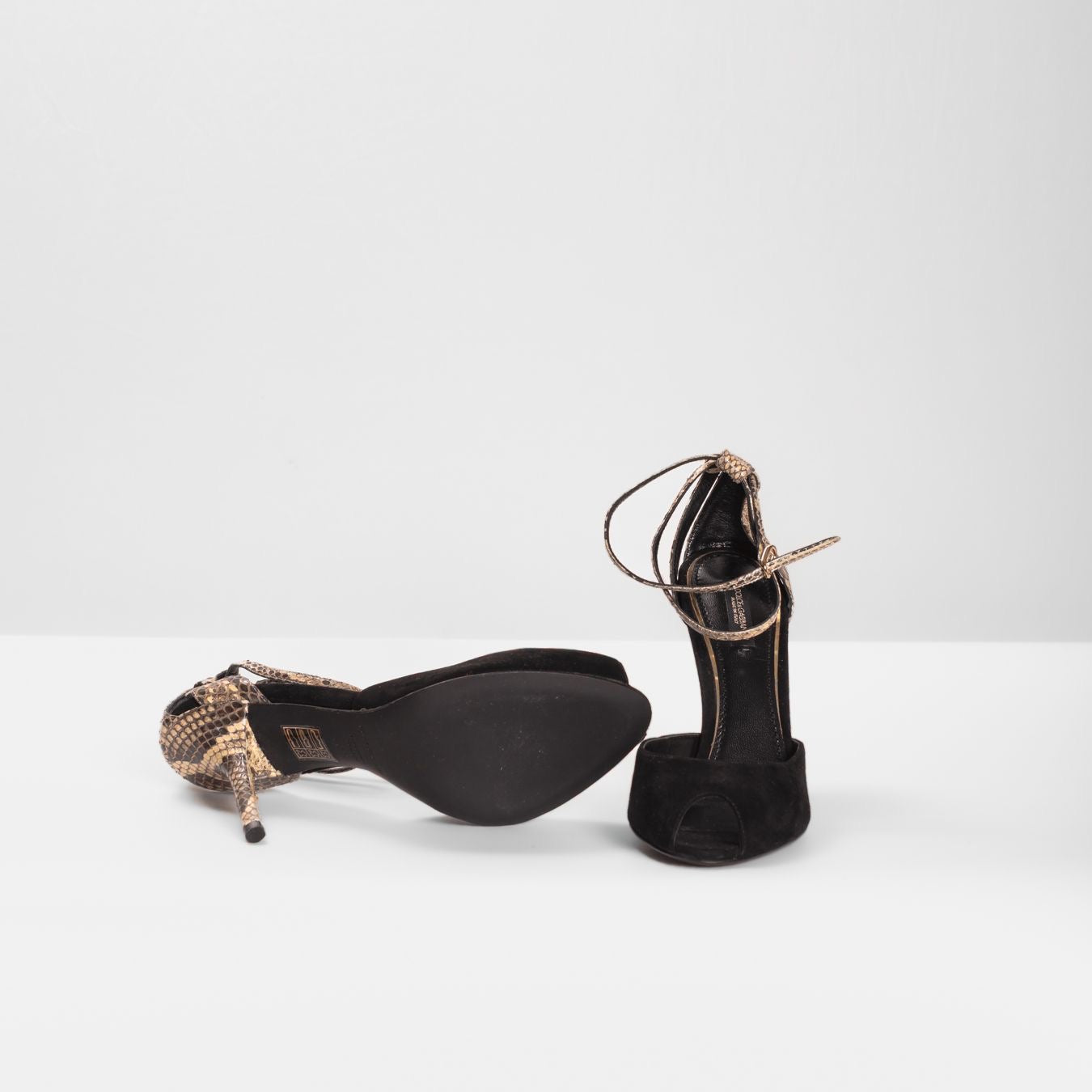 DOLCE & GABBANA - *BRAND NEW* SANDALS HIGH OPEN TOE BLACK SUEDE AND BROWN SNAKESKIN SIZE 37,5 EU