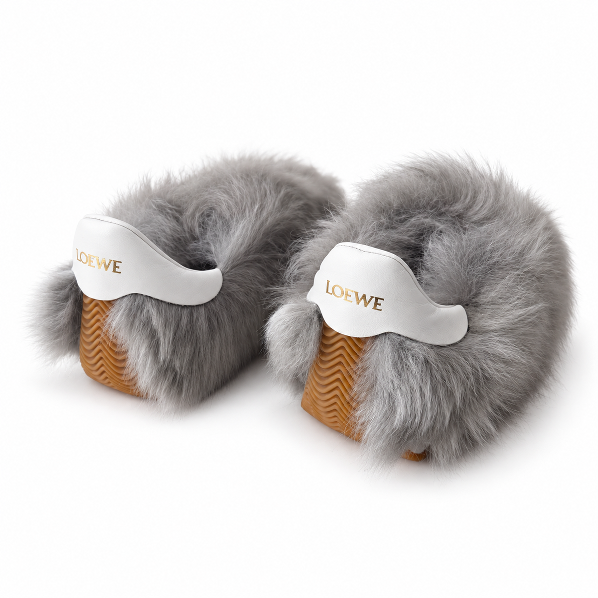 LOEWE - *NEW* SNEAKERS FLOW RUNNER GREY FAUX FUR SLIP-ON WITH WHITE LEATHER DETAILS SIZE 37 EU