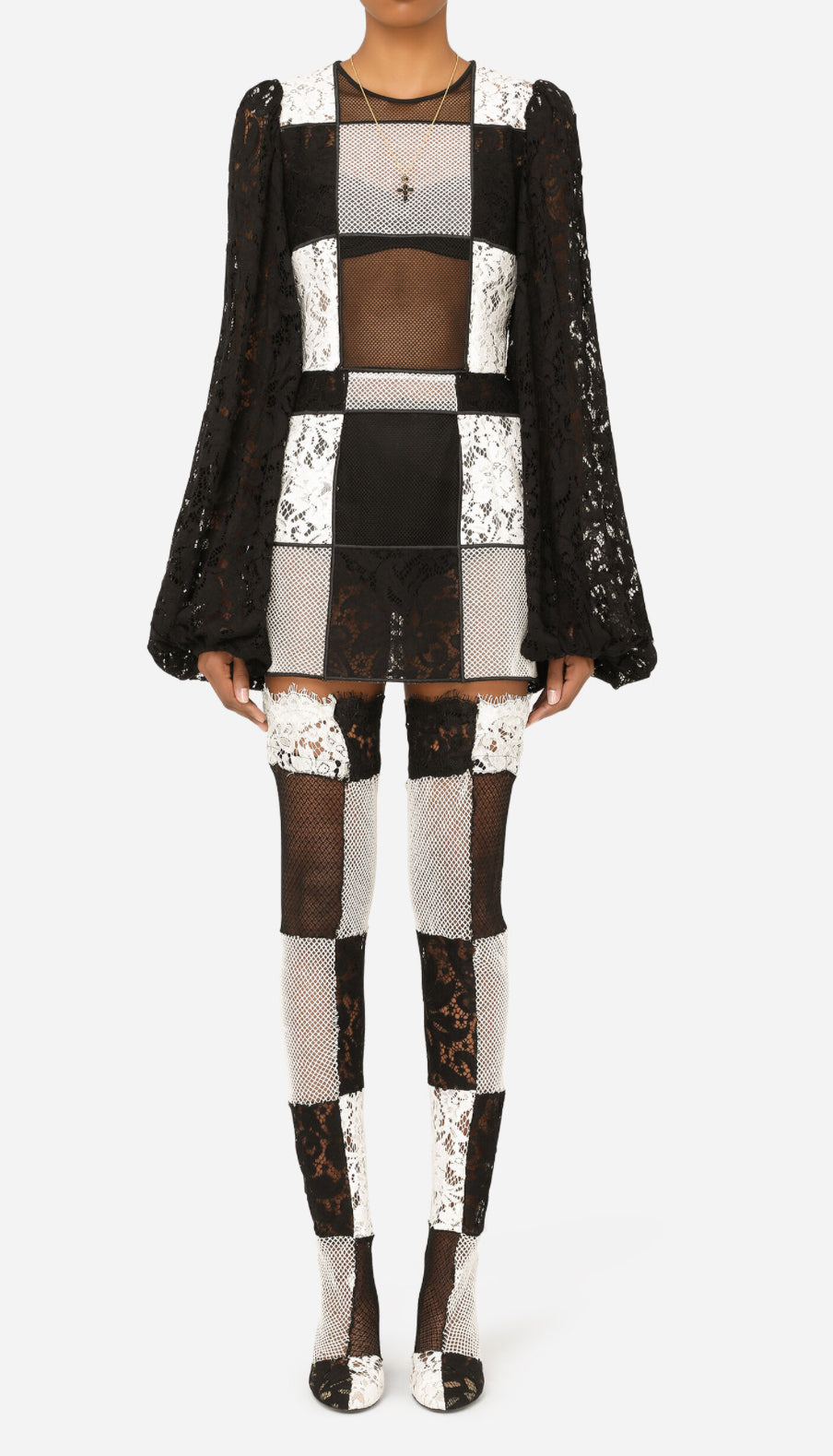 DOLCE & GABBANA - DRESS PATCHWORK LACE BLACK/WHITE SIZE 48 IT
