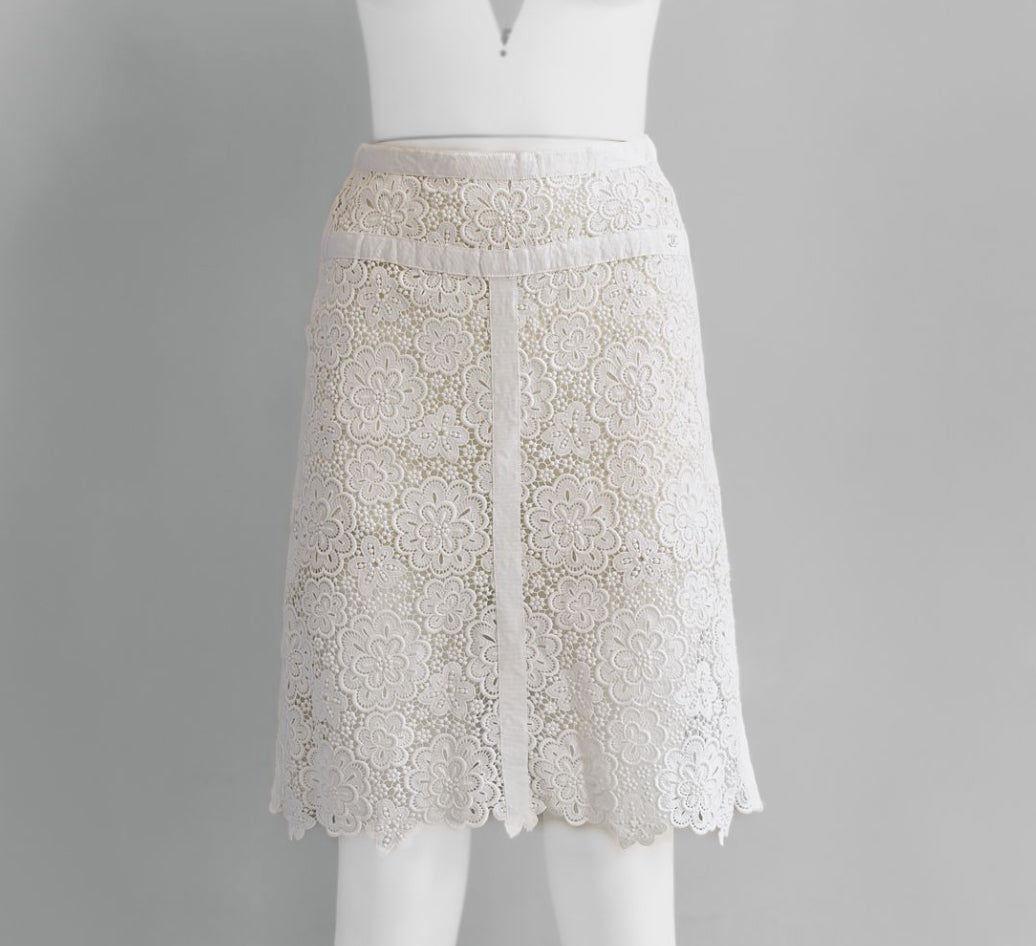 CHANEL - SKIRT MIDI FLORAL WHITE LACE SIZE 38 FR