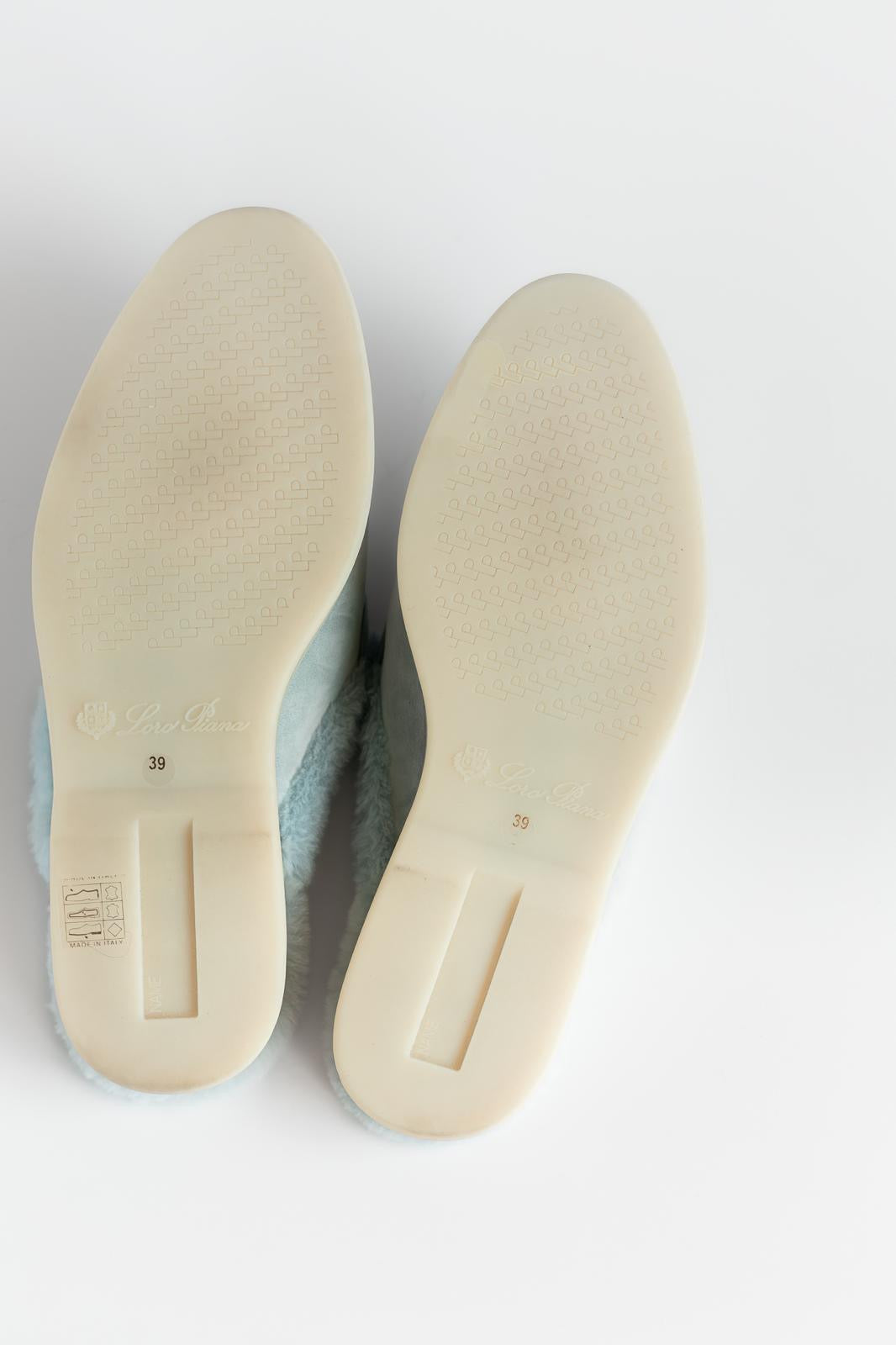 LORO PIANA - *BRAND NEW* WALK BABUCHE LOAFER FLAT LIGHT BLUE SUÈDE FUR LINING SIZE 39 EU