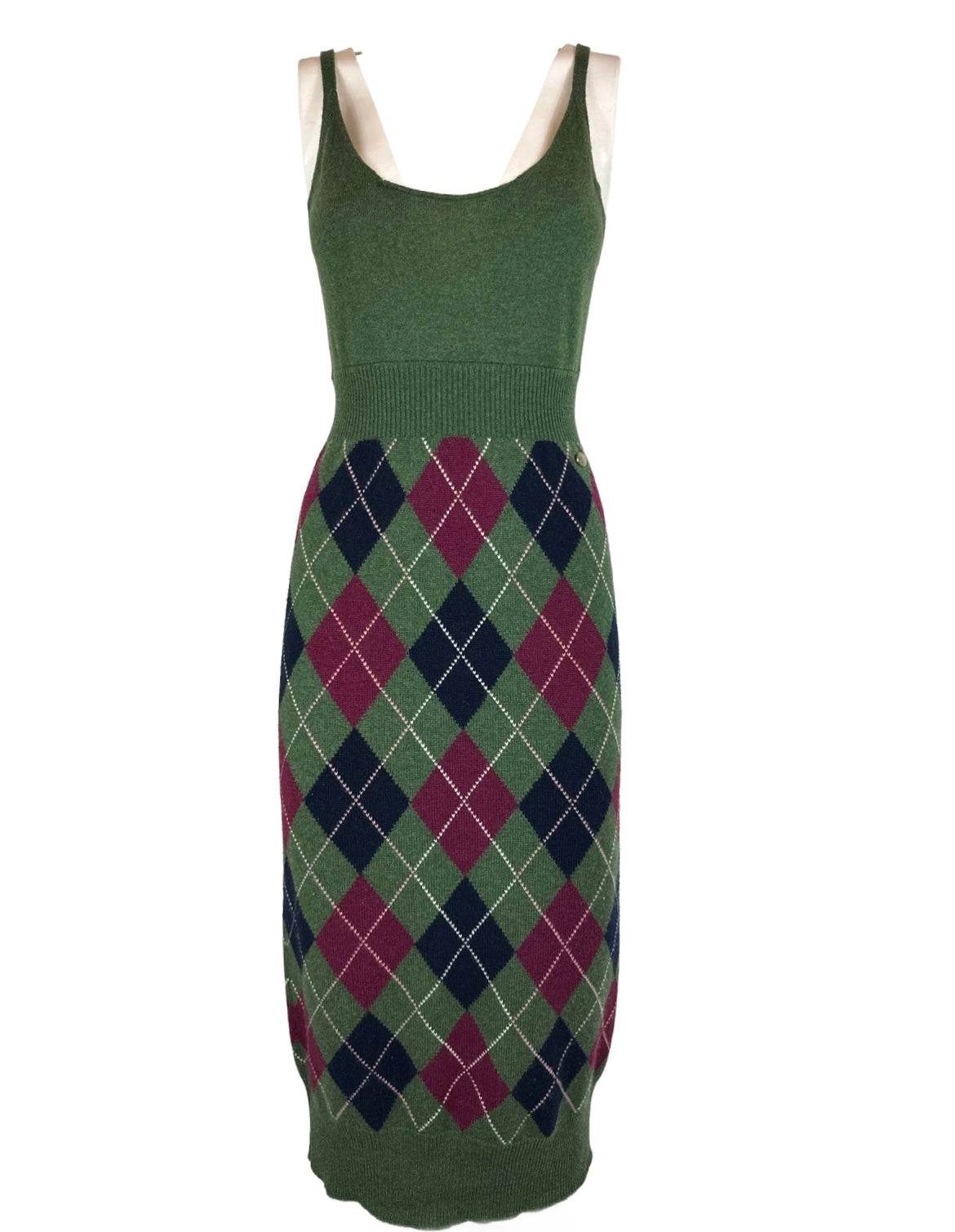 CHANEL - Long dress check green 100% cashmere 36 FR