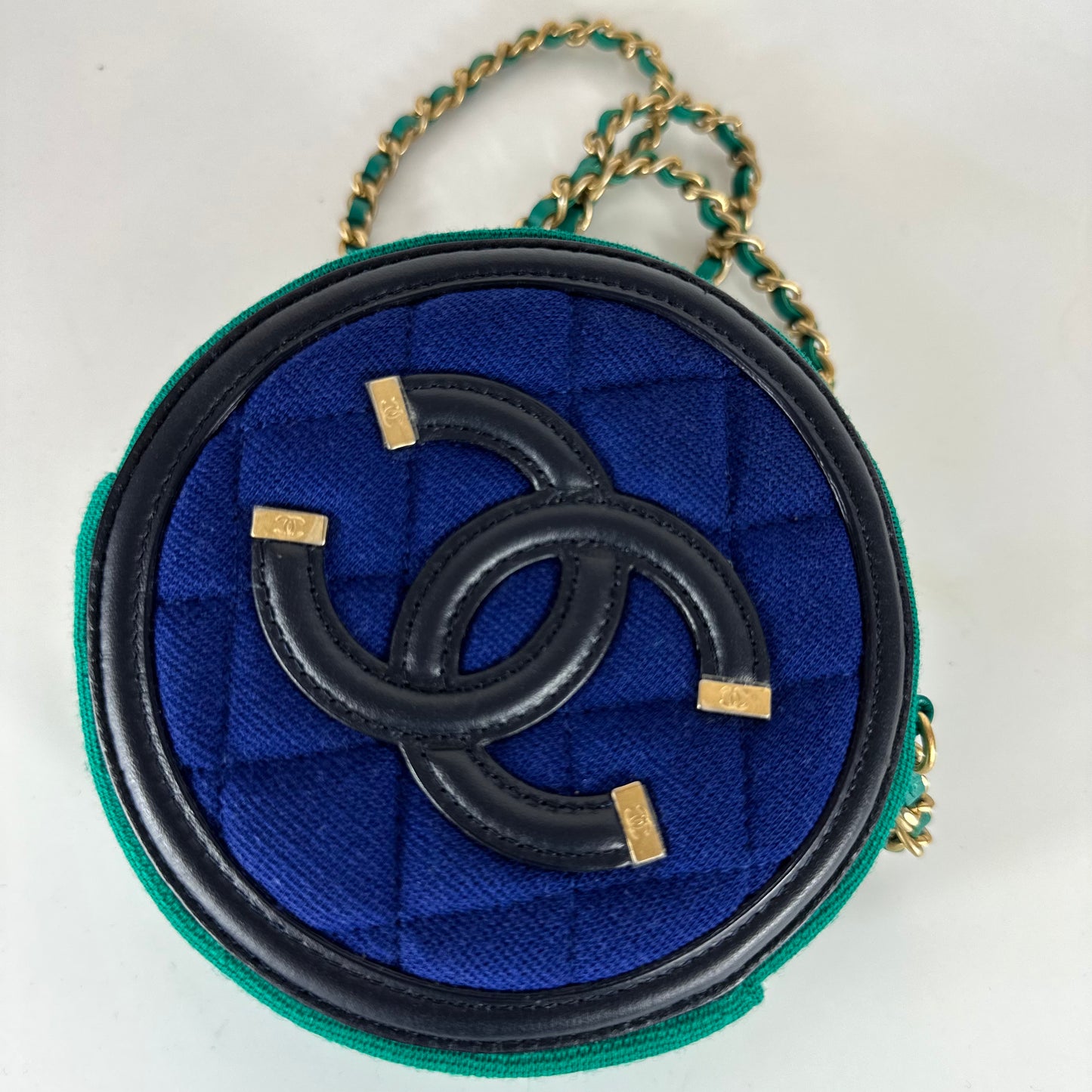 CHANEL- Round Clutch with Chain Quilted Jersey with Lambskin Logo Blue & Green
