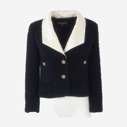 CHANEL - JACKET BLACK CASHMERE WITH SATIN WHITE COLLAR SIZE 34 FR
