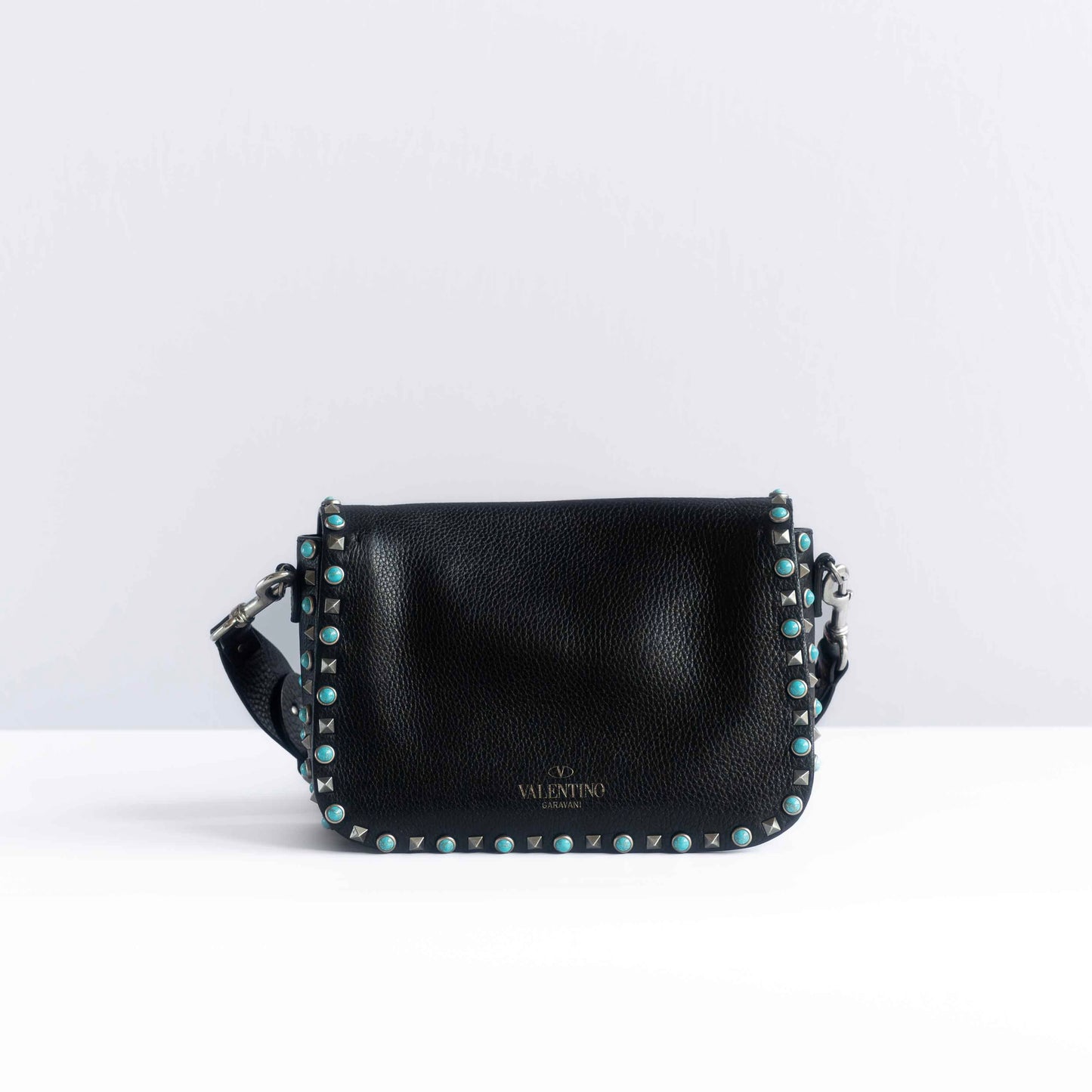 VALENTINO - SHOULDER BAG ROCKSTUD BLACK LEATHER WITH MULTICOLOR STRAP