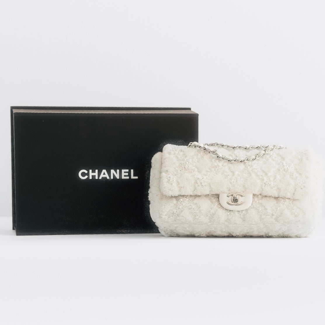 CHANEL - *RARE* PEARL & BEAD EMBROIDERED SHEARLING MEDIUM FLAP BAG