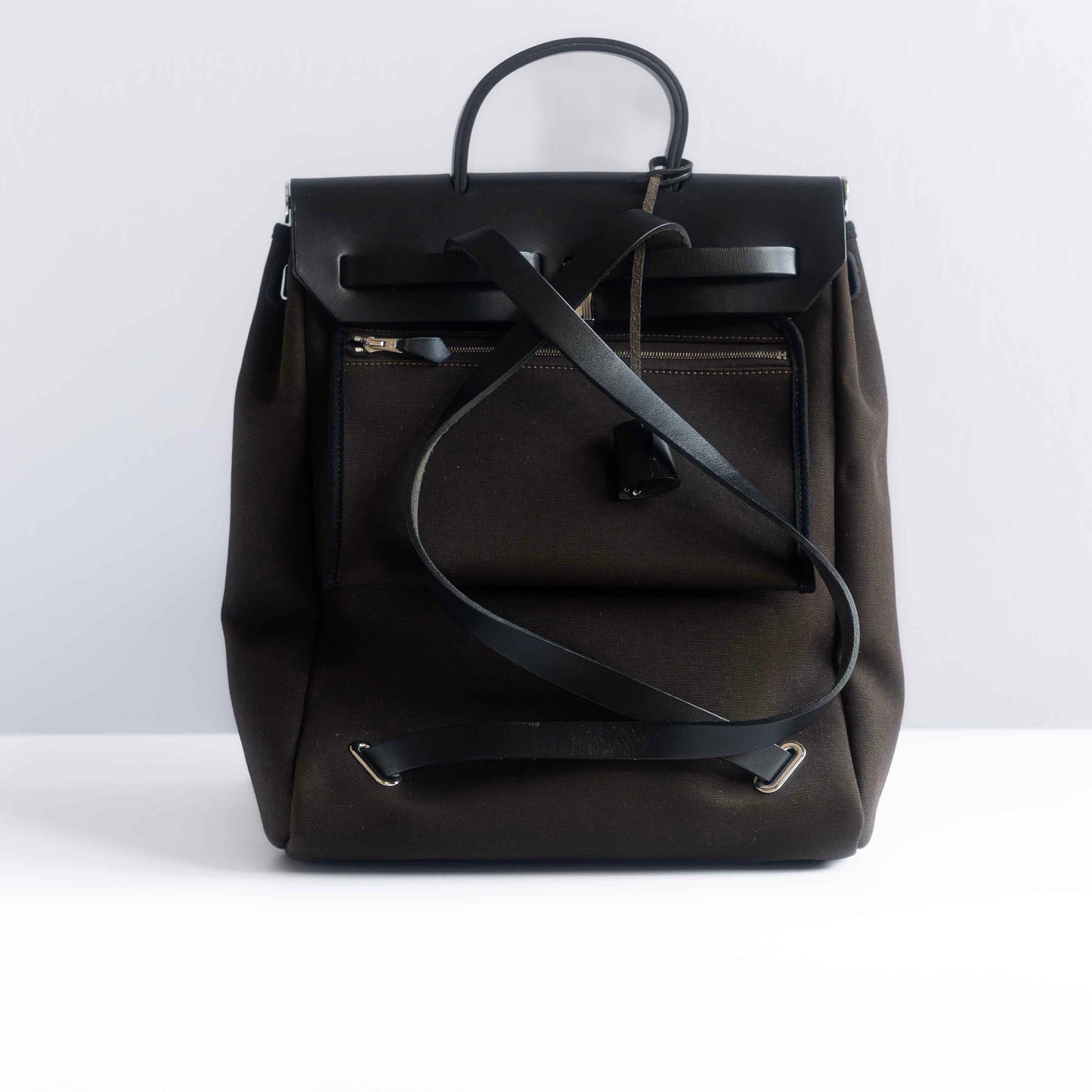 HERMÈS - BACKPACK HERBAG BROWN CANVAS AND BLACK LEATHER SILVER HARDWARE