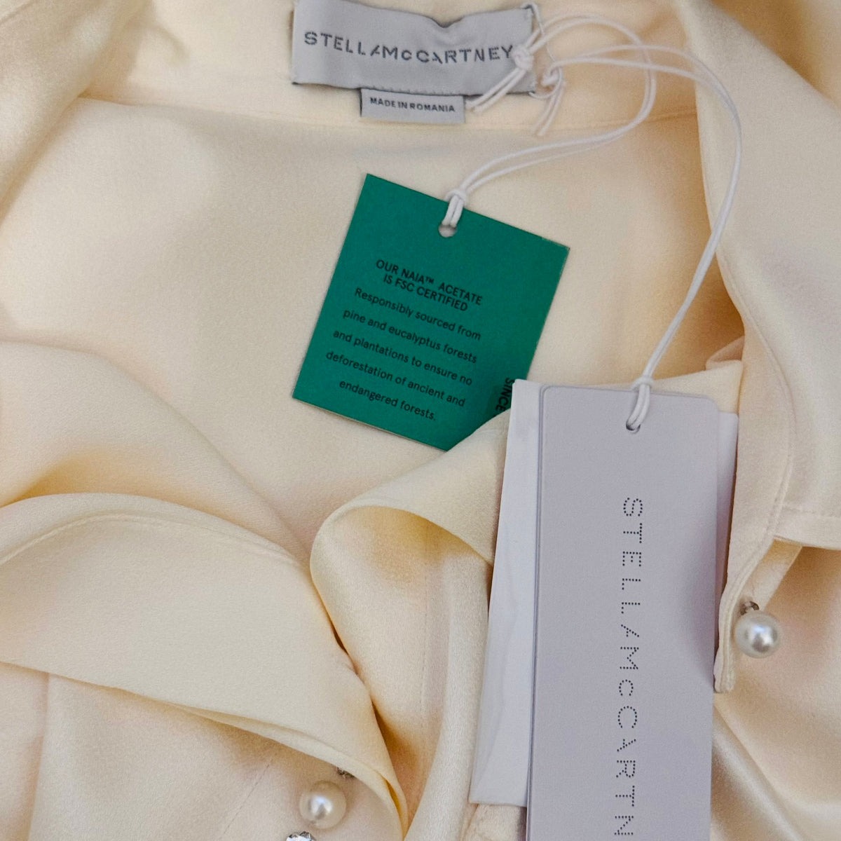 STELLA MCCARTNEY - *NEW WITH TAG* SHIRT SATIN BUTTERMILK OVERSIZED PEARL-BUTTON SIZE 40 IT