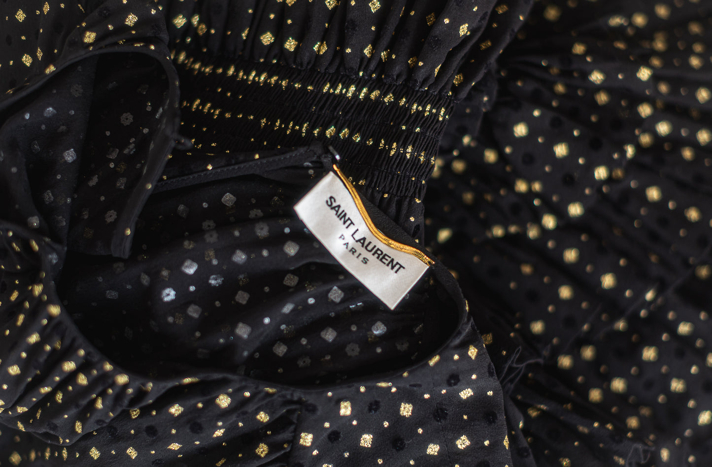 SAINT LAURENT - DRESS MINI RUFFLED GLITTERED FLOCKED SILK-BLEND SIZE L