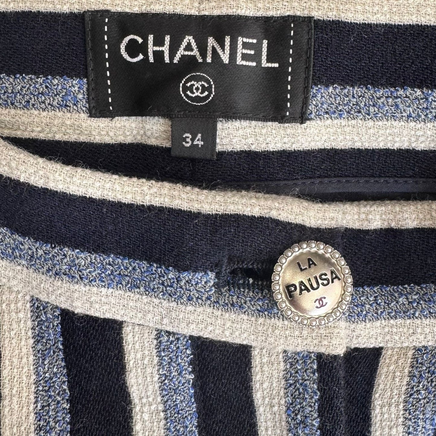 CHANEL - TROUSERS STRIPED BLUE, NAVY AND WHITE “LA PAUSA” SIZE 34 FR
