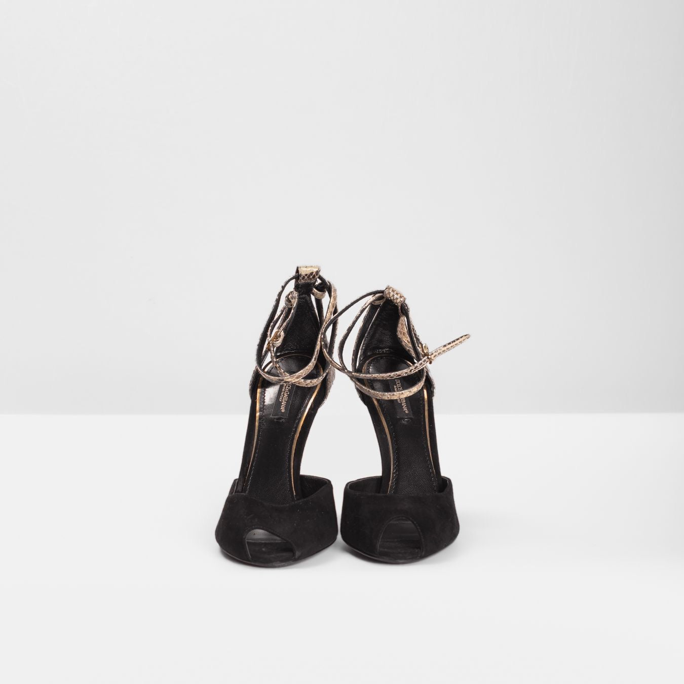 DOLCE & GABBANA - *BRAND NEW* SANDALS HIGH OPEN TOE BLACK SUEDE AND BROWN SNAKESKIN SIZE 37,5 EU