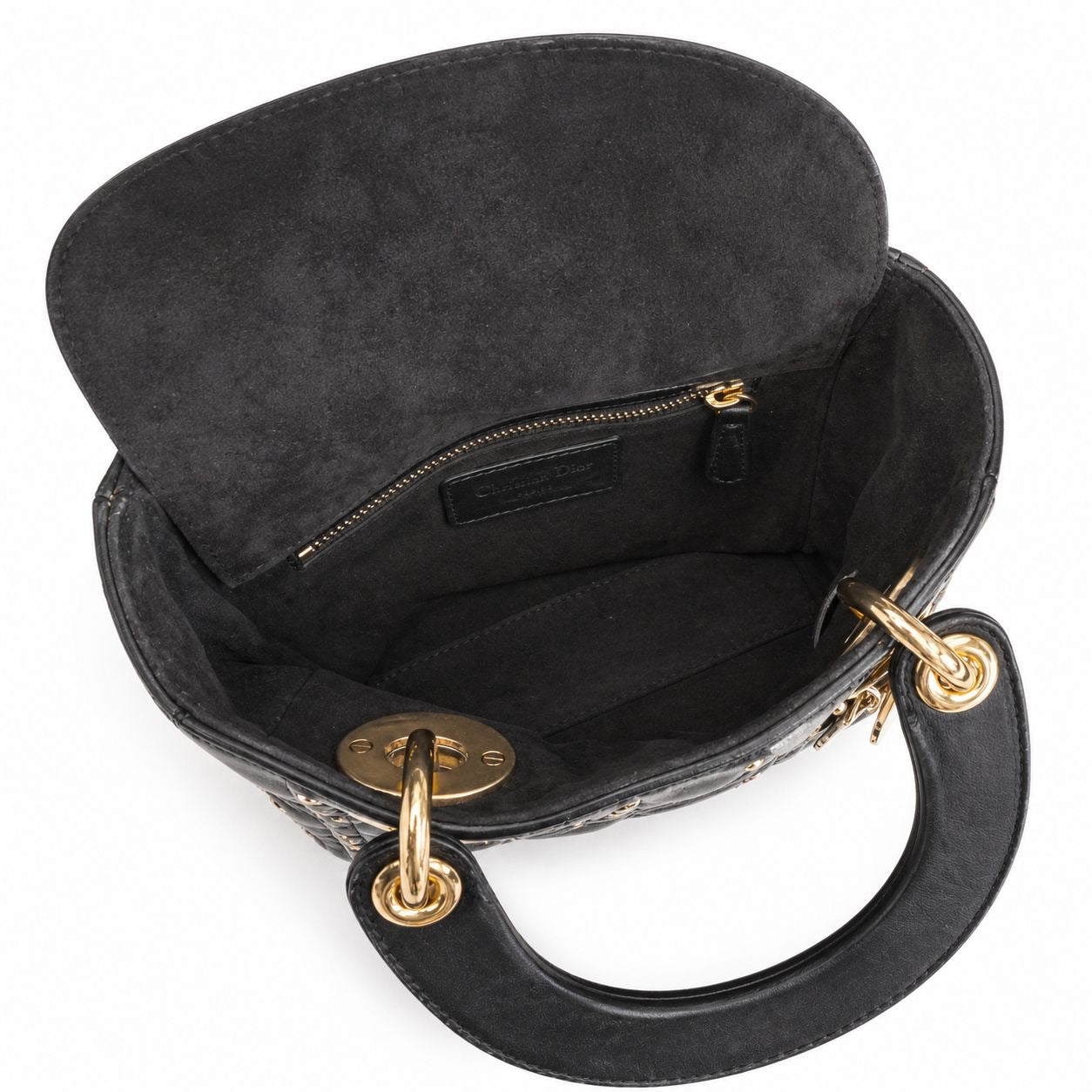 DIOR – LADY DIOR SMALL BLACK CANNAGE LEATHER BAG WITH GOLD STUDS AND SHOULDER STRAP