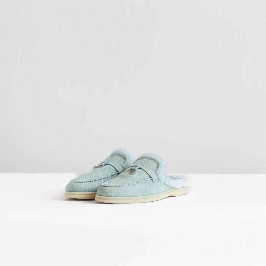 LORO PIANA - *BRAND NEW* WALK BABUCHE LOAFER FLAT LIGHT BLUE SUÈDE FUR LINING SIZE 39 EU