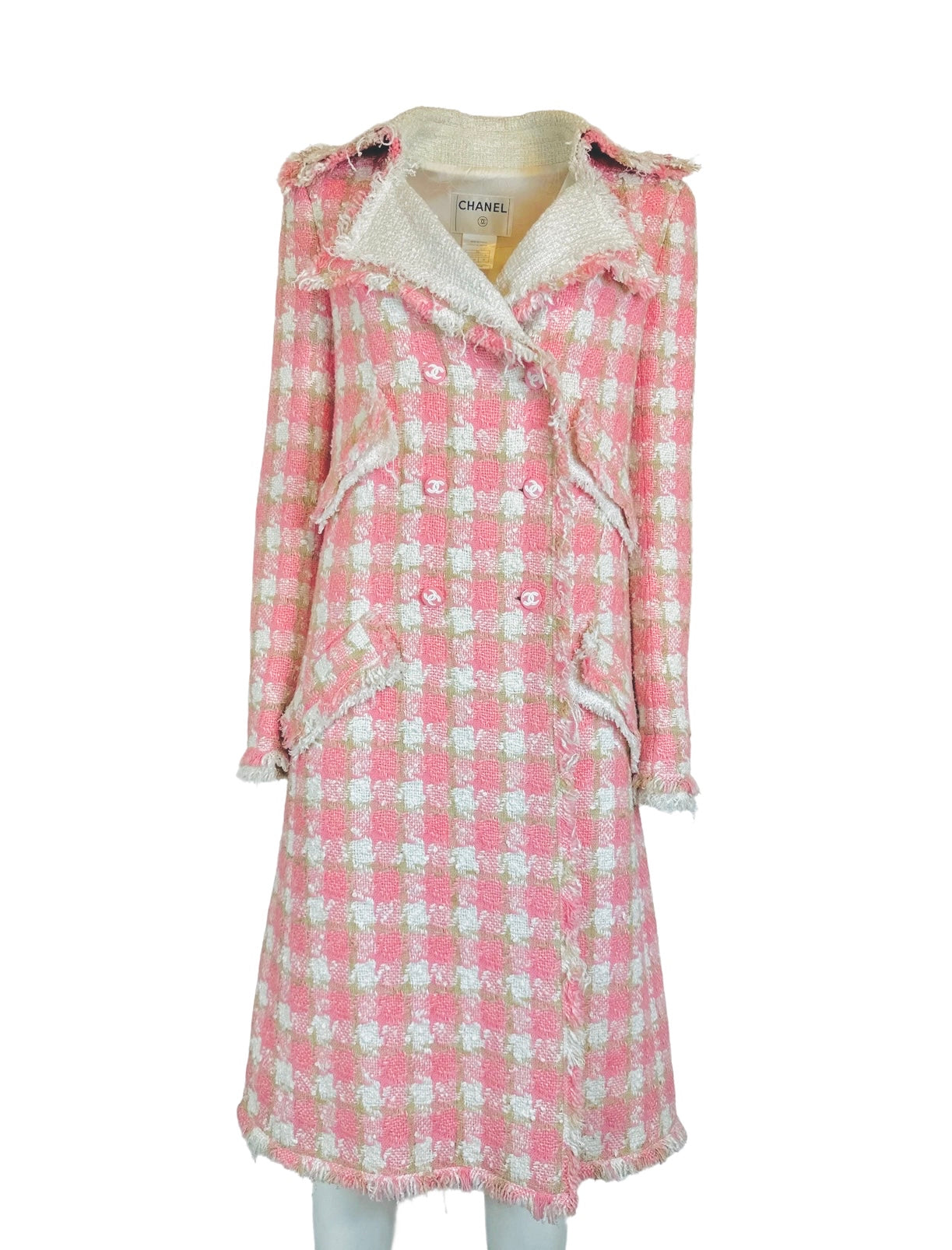 CHANEL - Long Coat tweed pink/white size 38 FR