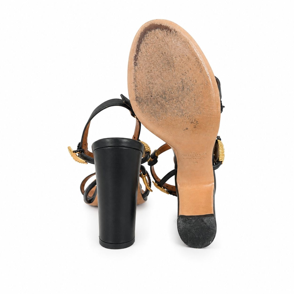 VALENTINO - SANDALS HIGH BLACK LEATHER WITH MARINE GOLD EMBELLISHMENTS SIZE 38 EU