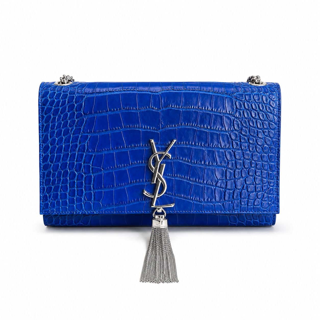 SAINT LAURENT - BAG KATE BLUE MAJORELLE CROCODILE EMBOSSED SILVER HARDWARE