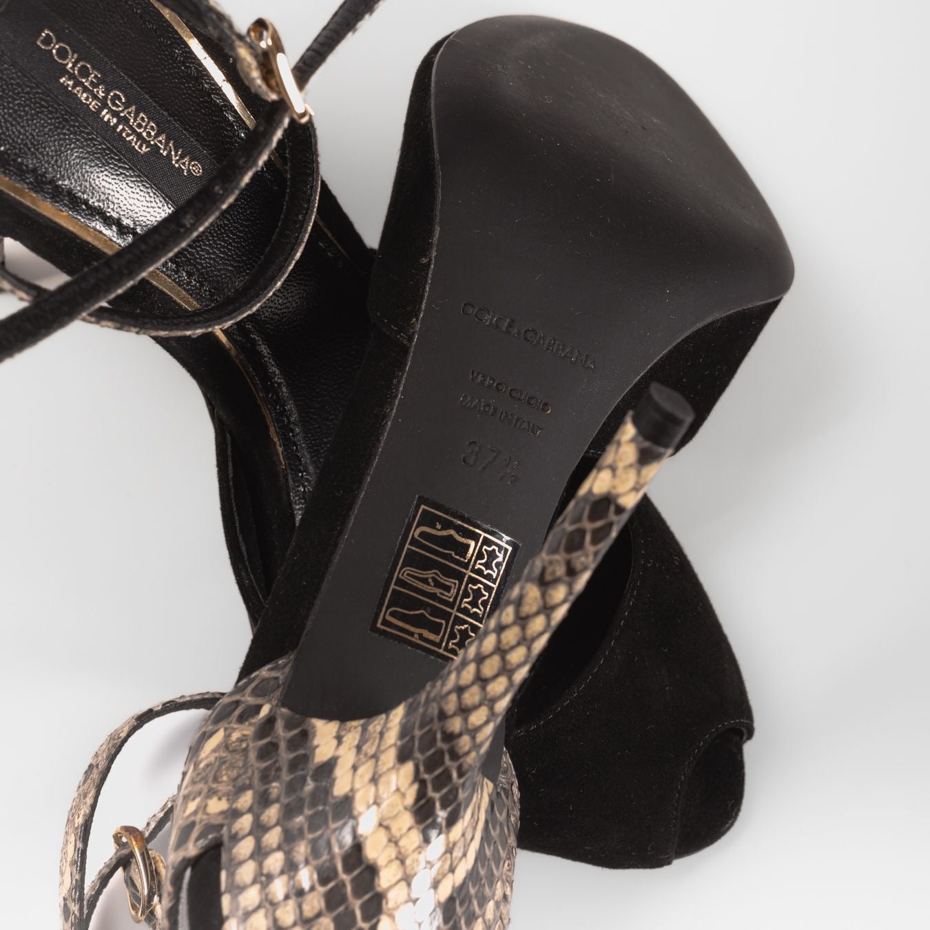 DOLCE & GABBANA - *BRAND NEW* SANDALS HIGH OPEN TOE BLACK SUEDE AND BROWN SNAKESKIN SIZE 37,5 EU
