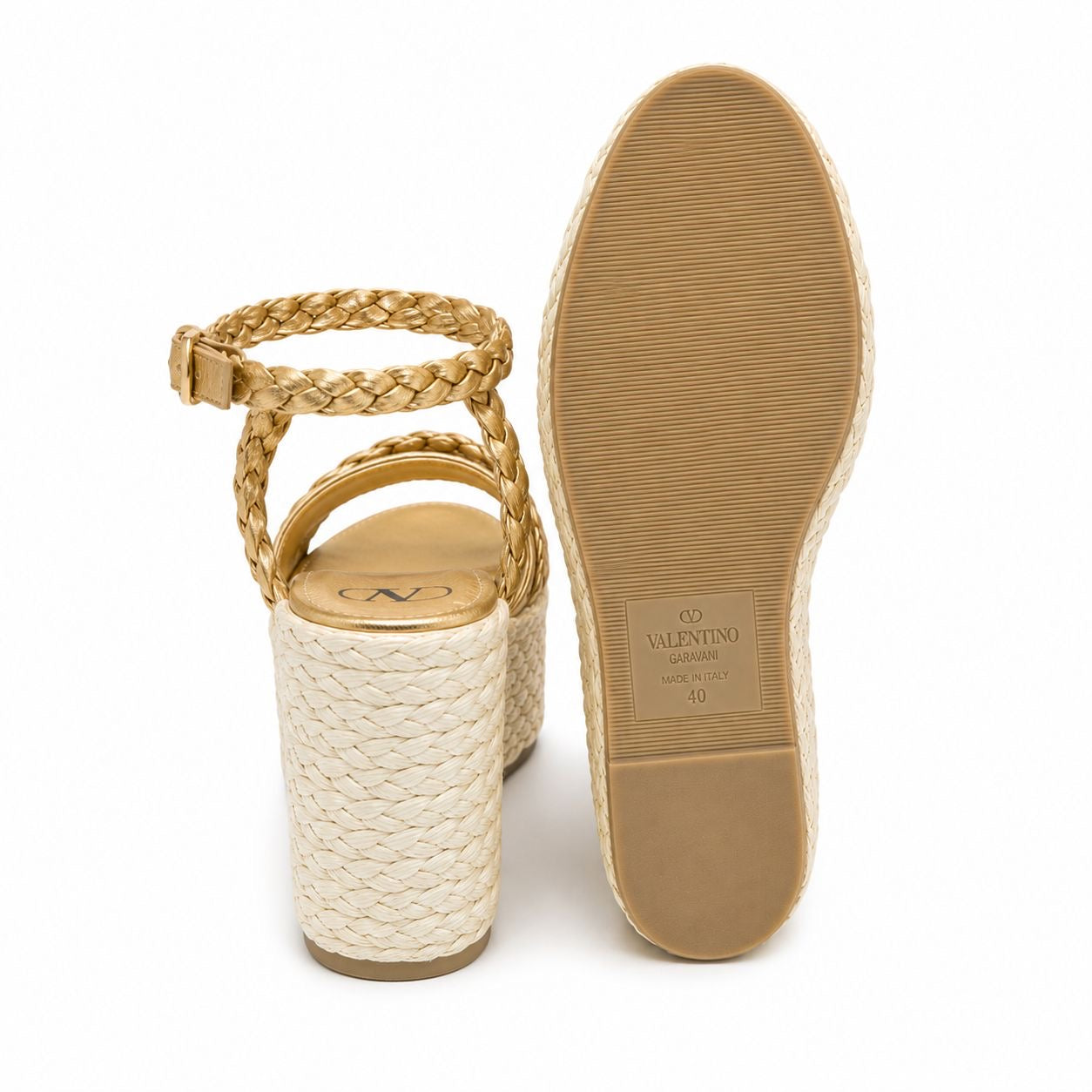 VALENTINO - WEDGE SANDALS VLOGO GOLD LEATHER AND RAFFIA SIZE 40 EU