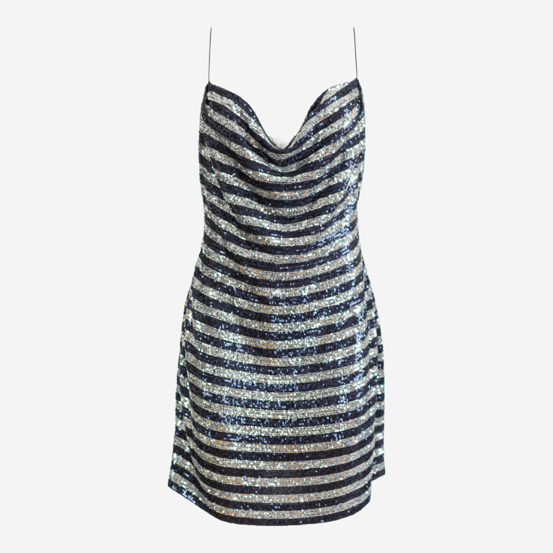 BALMAIN - DRESS MINI SEQUIN STRIPED SILVER & NAVY SIZE 44 FR