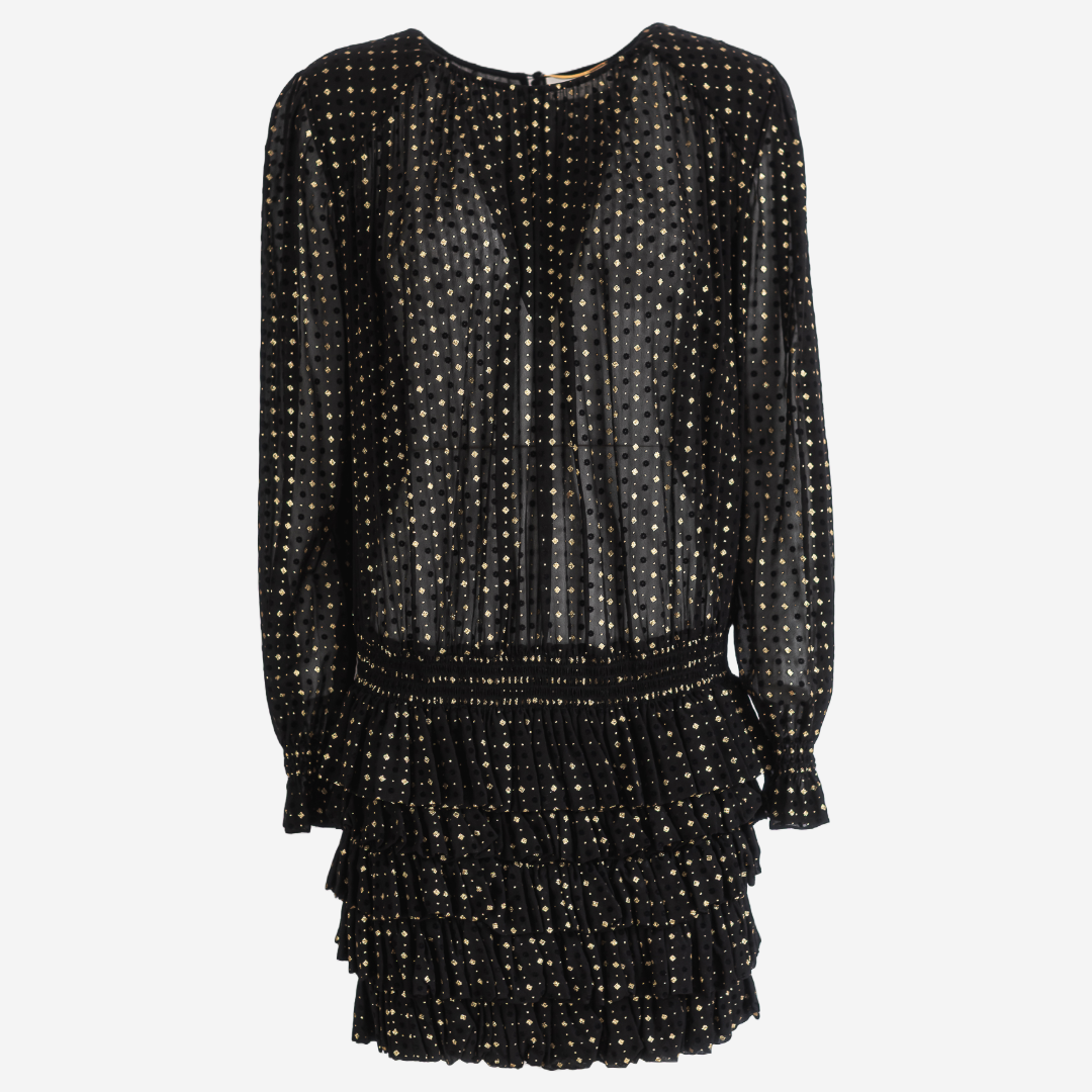 SAINT LAURENT - DRESS MINI RUFFLED GLITTERED FLOCKED SILK-BLEND SIZE L