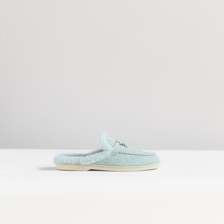 LORO PIANA - *BRAND NEW* WALK BABUCHE LOAFER FLAT LIGHT BLUE SUÈDE FUR LINING SIZE 39 EU