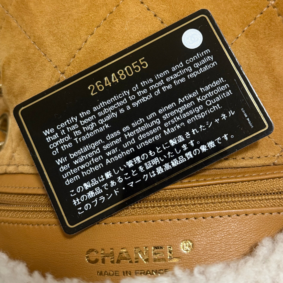 CHANEL – BAG TIMELESS QUILTED CAMEL SUEDE & IVORY SHEARLING FLAP WITH GOLD-TONE HARDWARE