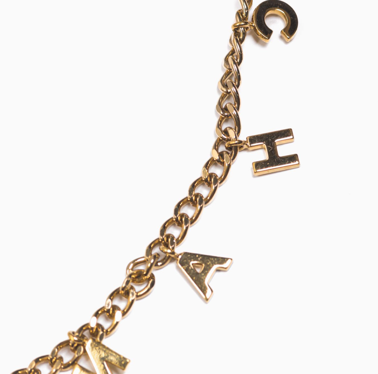 CHANEL - BELT GOLD-TONE CHAIN WITH CHANEL LETTERING CHARM