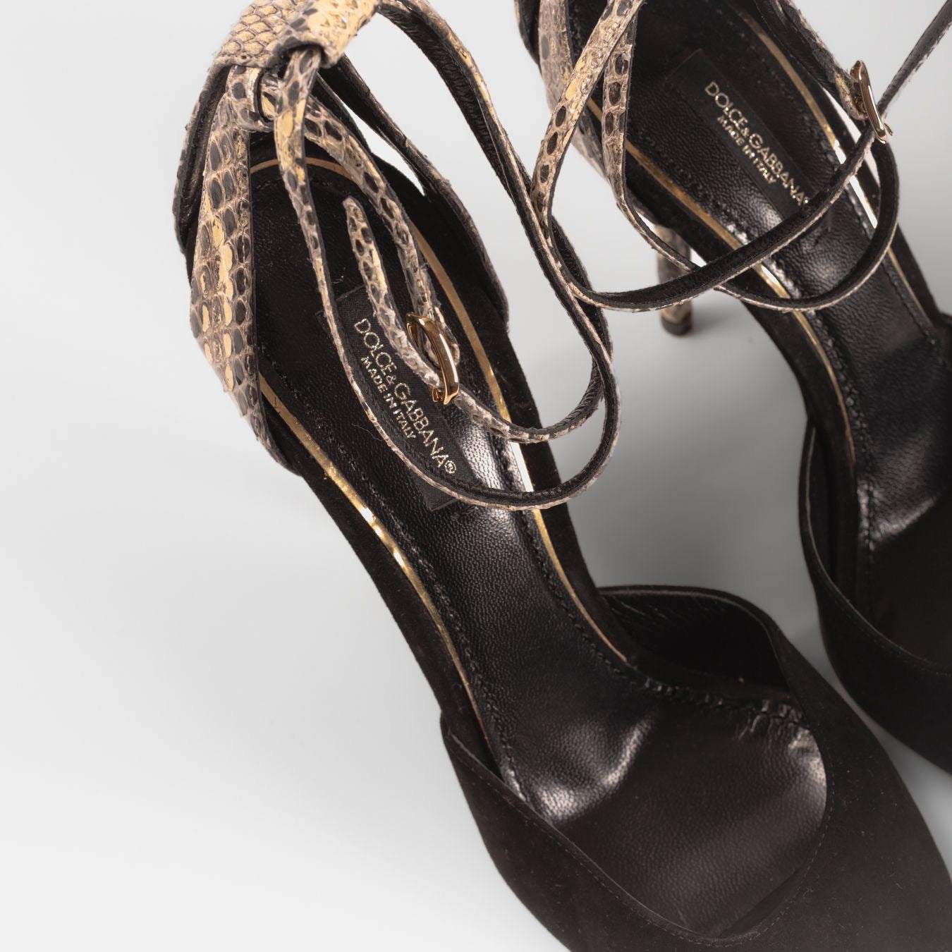 DOLCE & GABBANA - *BRAND NEW* SANDALS HIGH OPEN TOE BLACK SUEDE AND BROWN SNAKESKIN SIZE 37,5 EU