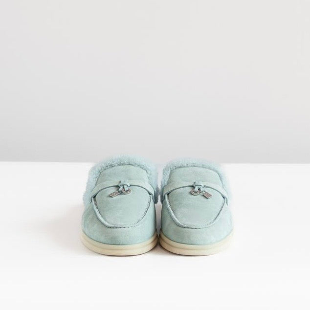 LORO PIANA - *BRAND NEW* WALK BABUCHE LOAFER FLAT LIGHT BLUE SUÈDE FUR LINING SIZE 39 EU
