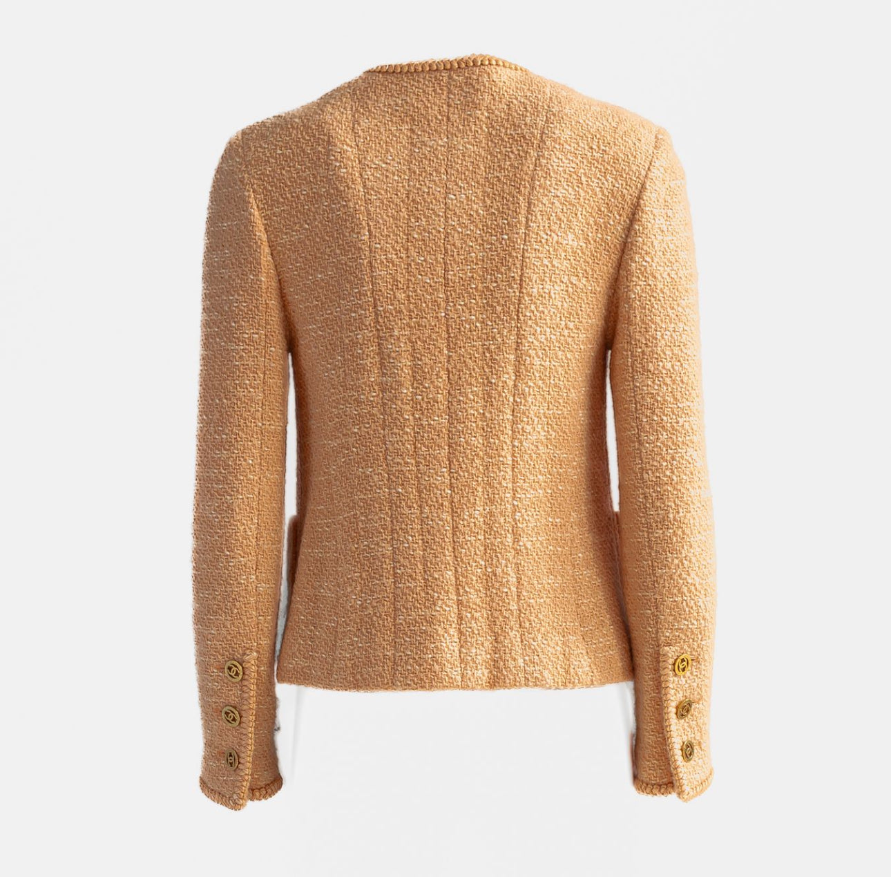 CHANEL - JACKET TWEED PEACH SINGLE-BREASTED WITH GOLD CC BUTTONS SIZE 36 FR