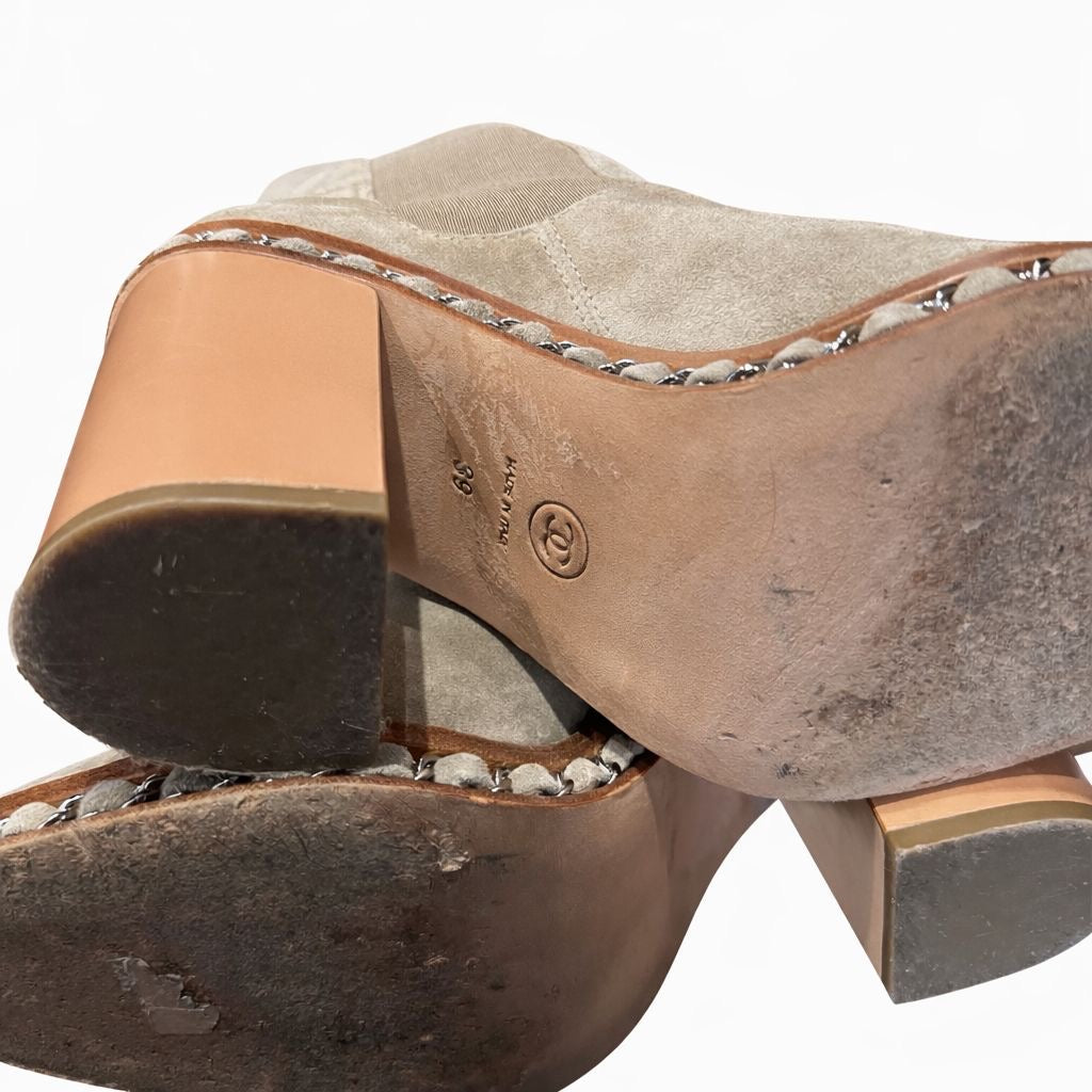 CHANEL - ANKLE BOOTS DARK BEIGE SUEDE LEATHER SIZE 39 EU