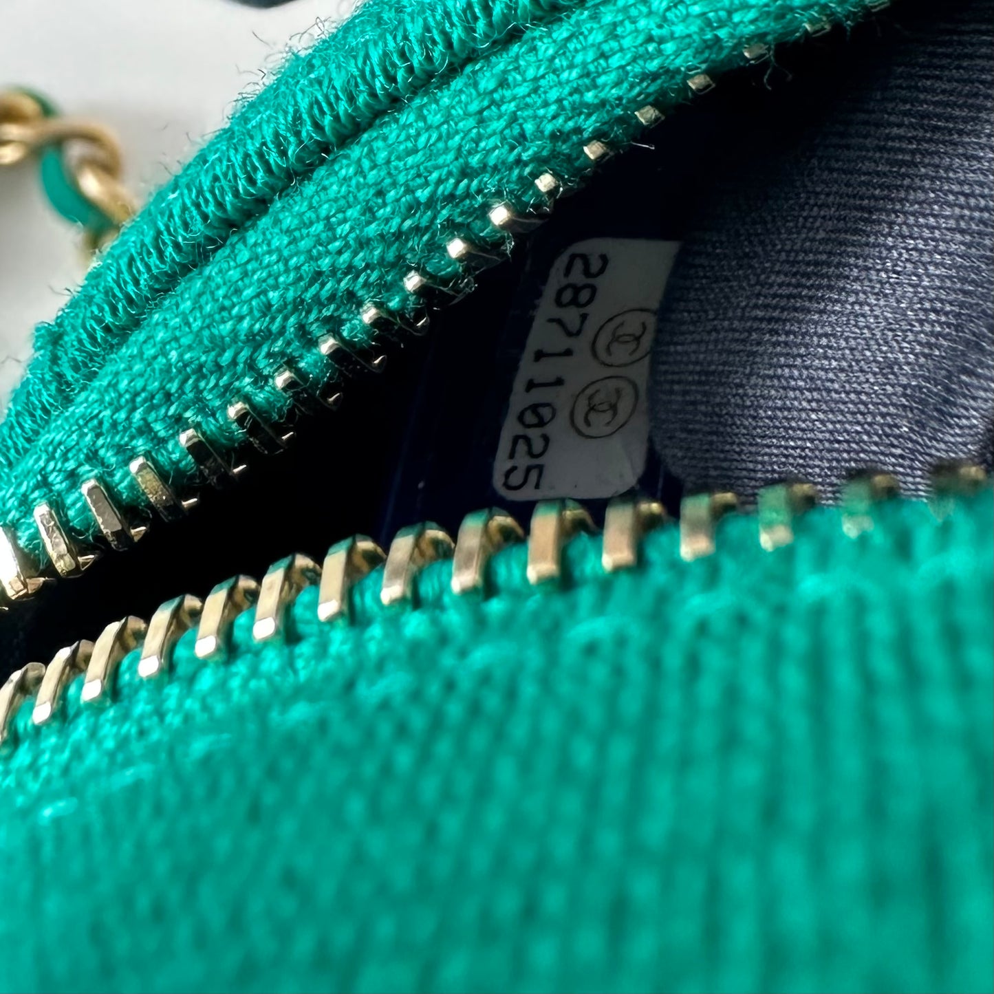 CHANEL- Round Clutch with Chain Quilted Jersey with Lambskin Logo Blue & Green
