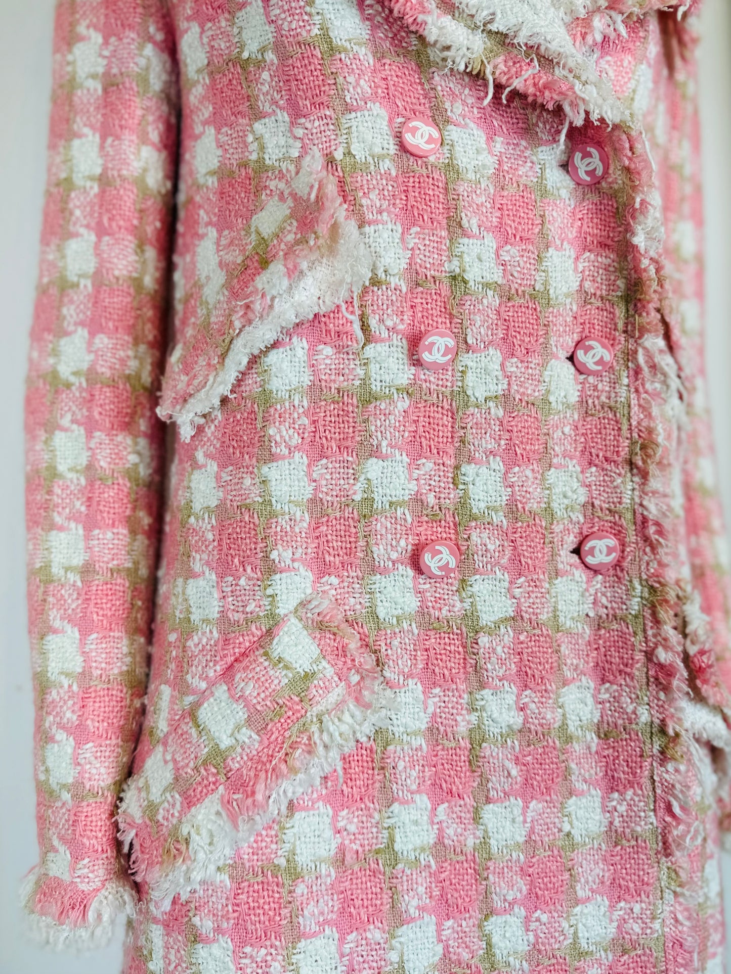 CHANEL - Long Coat tweed pink/white size 38 FR