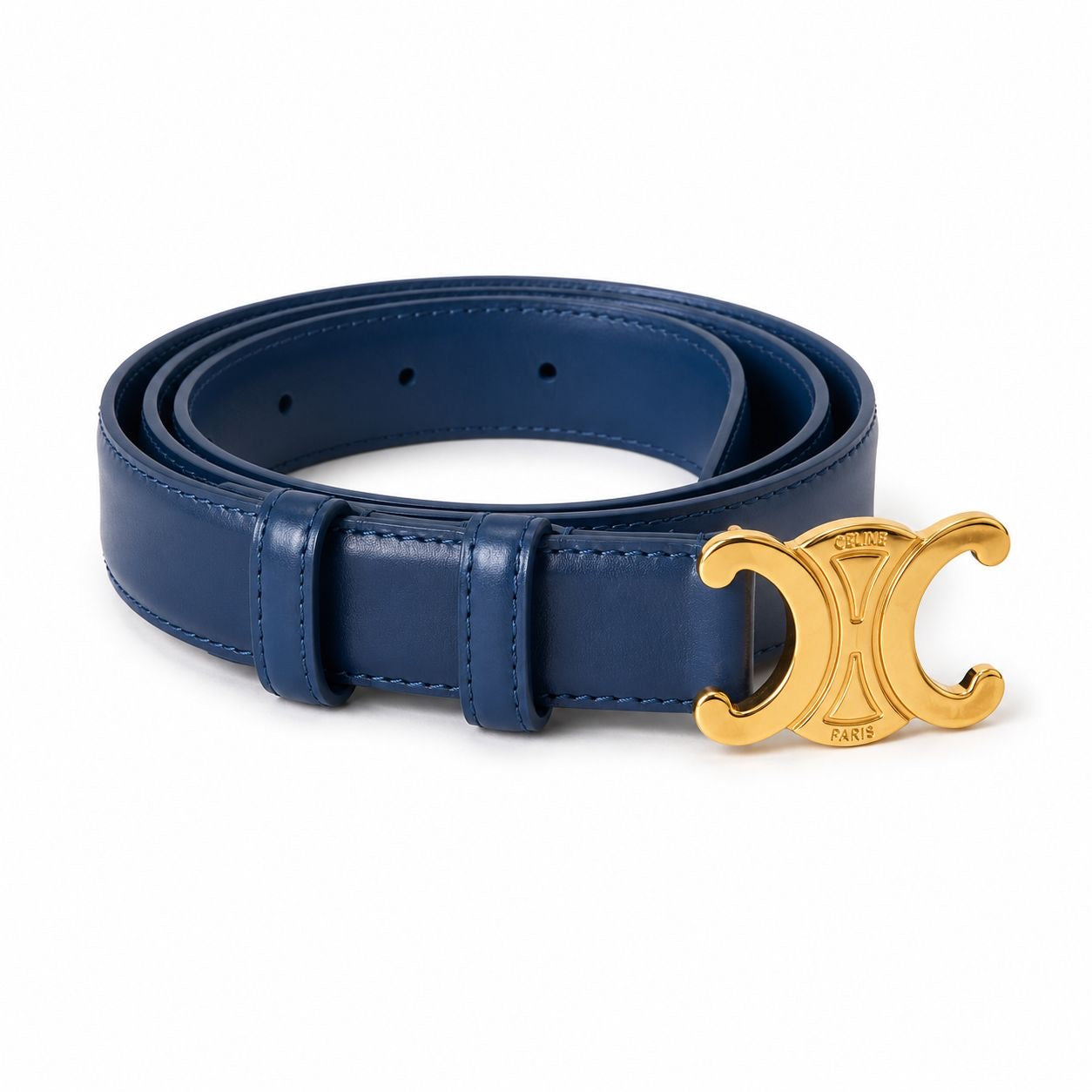 CÉLINE - BELT TRIOMPHE BLUE LEATHER GOLD-FINISHED BUCKLE SIZE 85