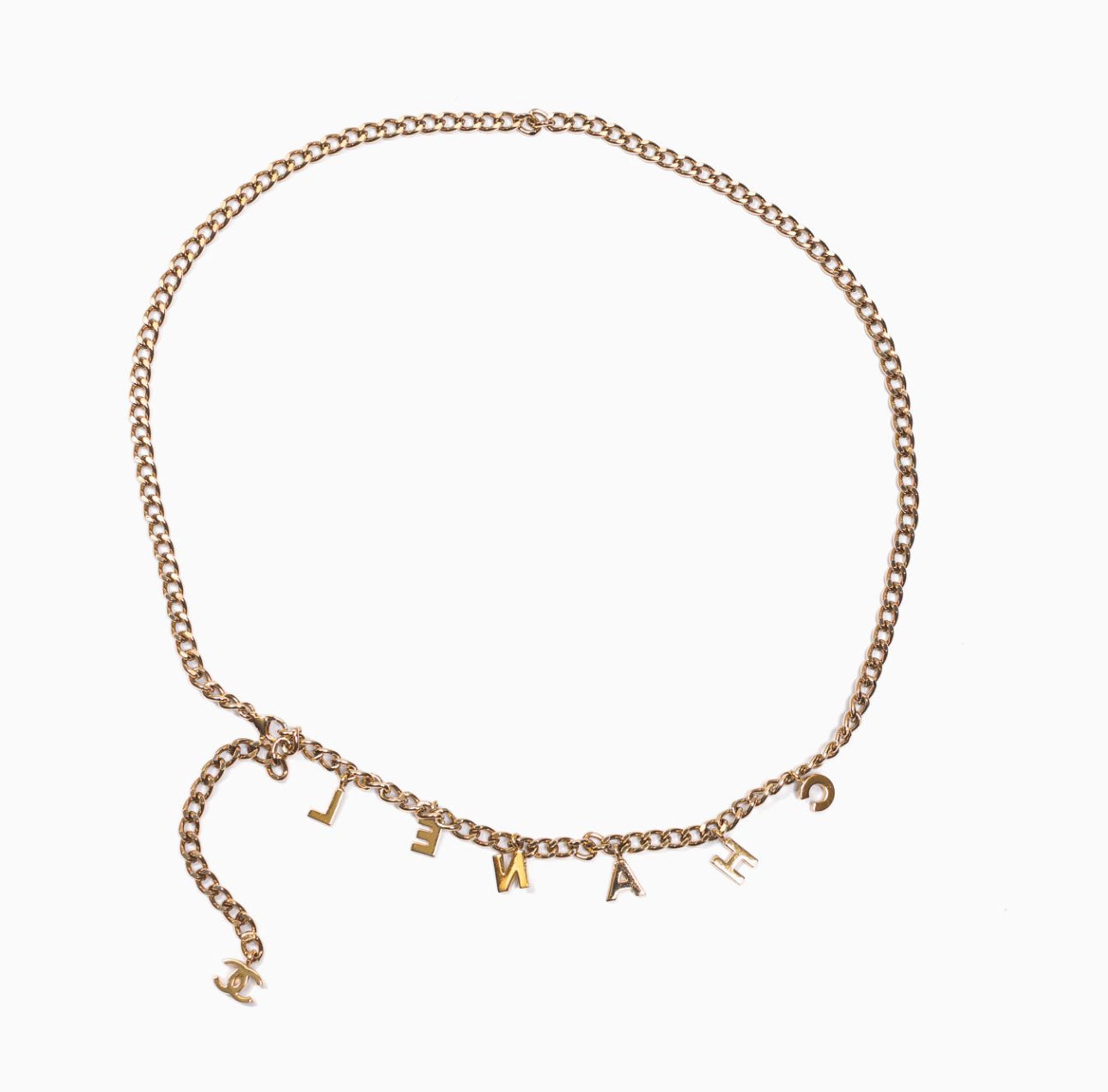 CHANEL - BELT GOLD-TONE CHAIN WITH CHANEL LETTERING CHARM