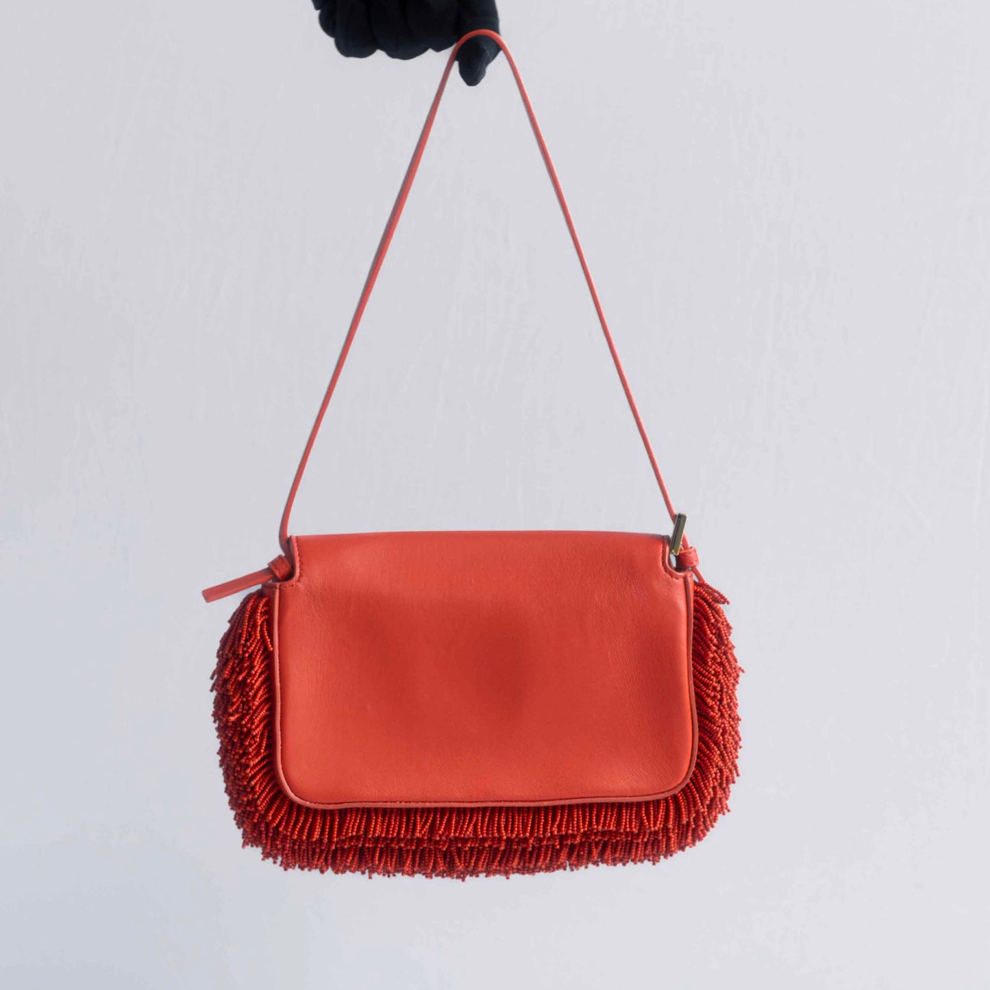 FENDI - BAG BAGUETTE SMALL RED NAPPA LEATHER PEARL EMBROIDERY