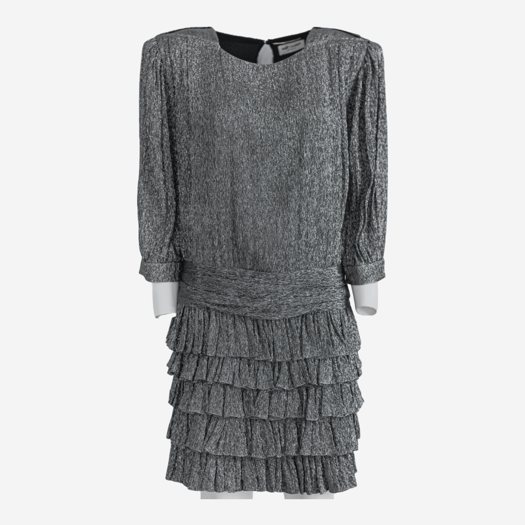 SAINT LAURENT - DRESS MINI RUFFLED SILVER LUREX SIZE 46 FR