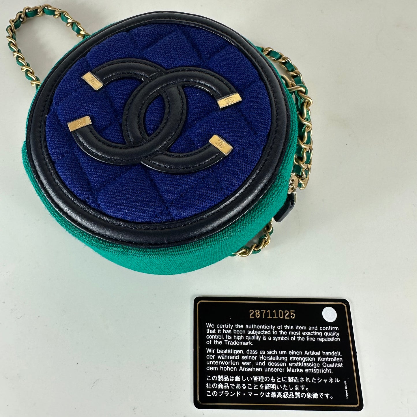 CHANEL- Round Clutch with Chain Quilted Jersey with Lambskin Logo Blue & Green