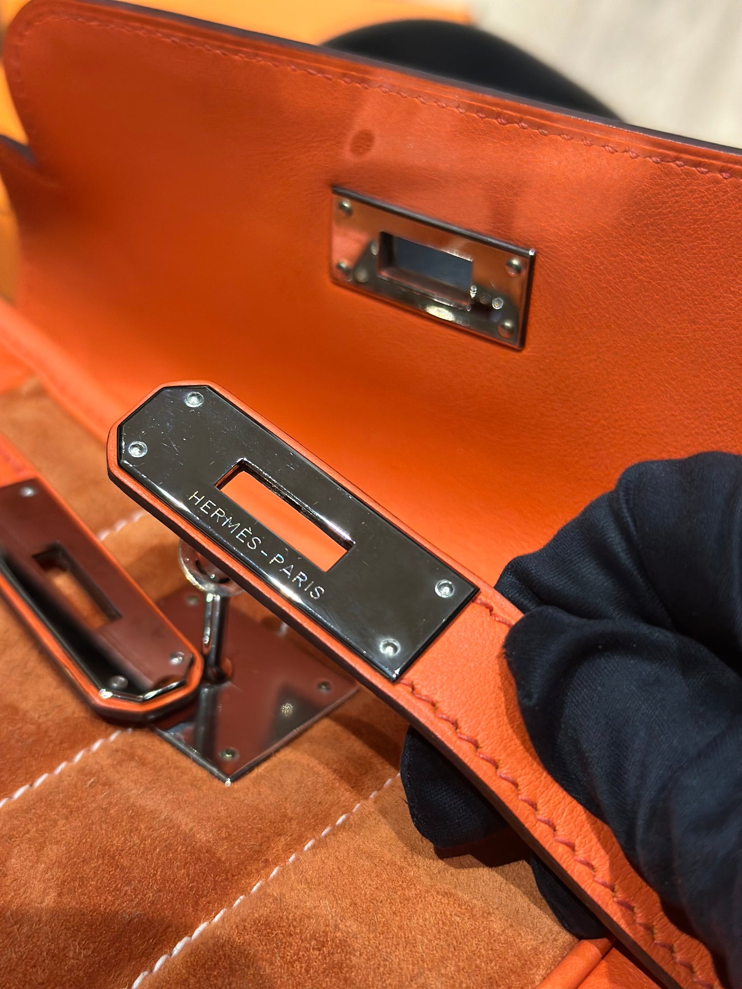 HERMÈS - BERLINE CROSSBODY BAG ORANGE LEATHER & SUEDE RUTHÉNIUM HARDWARE