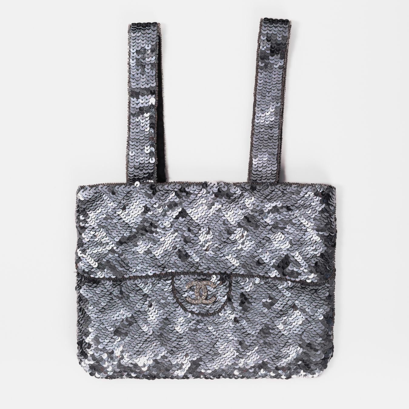 CHANEL POCHETTE BAG SEQUIN SILVER MINI