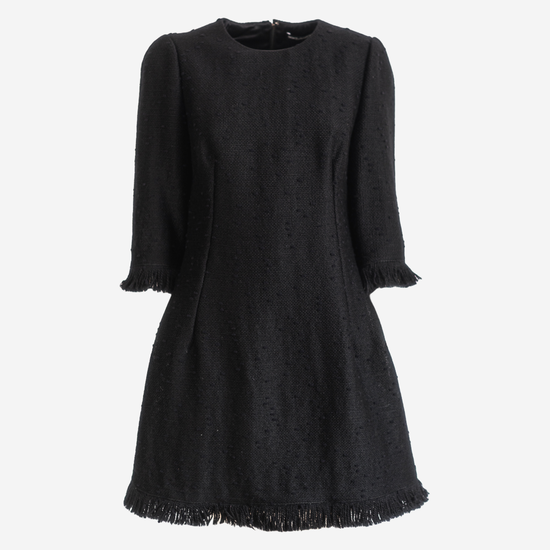 DOLCE & GABBANA - DRESS BLACK BOUCLÈ FRINGED SIZE L